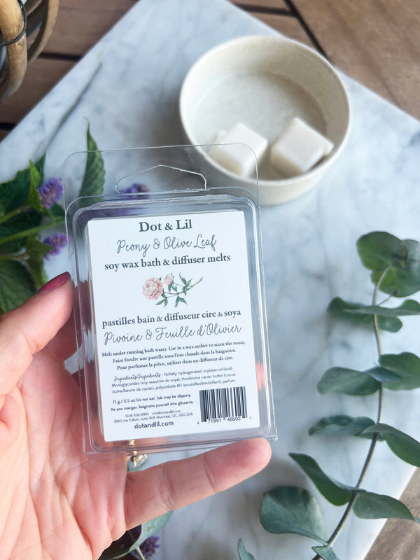 NEW - peony & olive leaf bath + diffuser melts